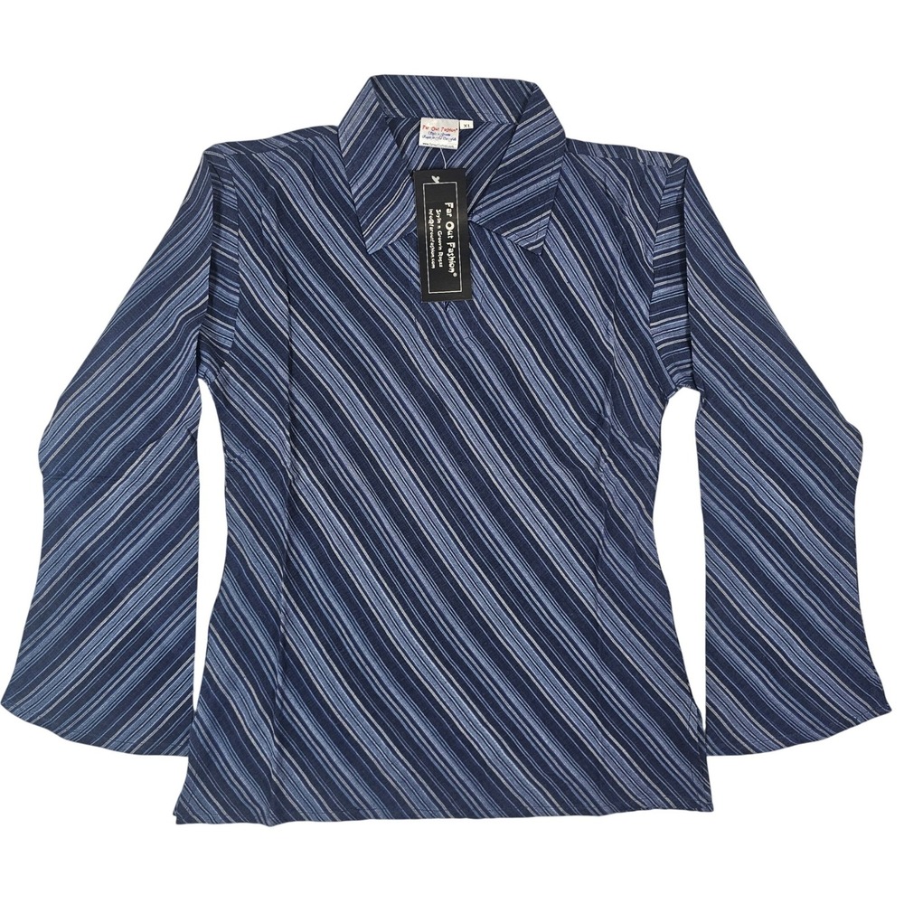 Far Out Fashion Blue Striped Bell‎ Sleeve Top Retro 70s Style XL NWT